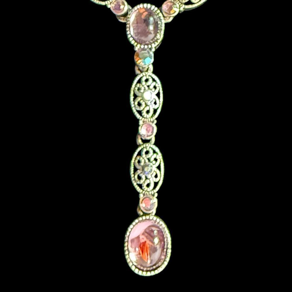 VTG Avon Silver Plate Filigree Cabochon AB Rhinstone Y Drop Lavaliere Necklace - Picture 4 of 16